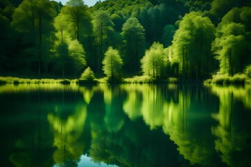 A serene lake surrounded by lush green forests reflecting in the calm water.  Ultra-high quality image.