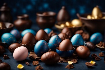 Chocolate Easter eggs on a blue background.