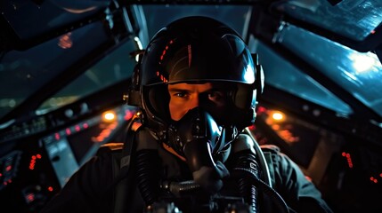 Close-up shot of a determined military pilot in a fighter jet cockpit, illuminated by focused spotlights. Dark colors with red accents. Military controls and instrument panel visible.