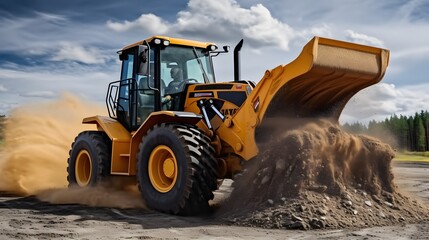 Powerful wheel loader or bulldozer isolated on sky background. Loader pours crushed stone or gravel from the bucket. Powerful modern equipment for earthworks and bulk handling. - obrazy, fototapety, plakaty