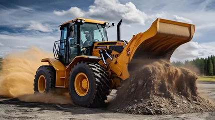 Foto op Canvas Powerful wheel loader or bulldozer isolated on sky background. Loader pours crushed stone or gravel from the bucket. Powerful modern equipment for earthworks and bulk handling. © Lucky Ai