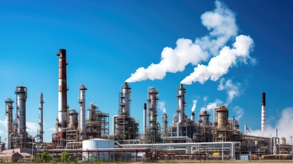 Panoramic view of an oil refinery with billowing white smoke against a clear blue sky. Industrial production of petroleum, gas, and chemicals. Air pollution, emissions, and environmental impact in fo