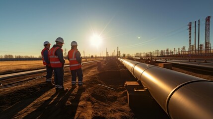 Group of engineers in hardhats and safety gear inspecting oil pipeline under sunlight. Long shadows on ground. Industrial construction site with professionals working on energy infrastructure project