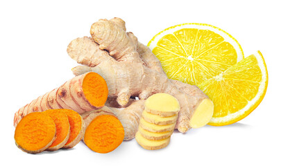 Ginger, turmeric and lemon isolated on white background