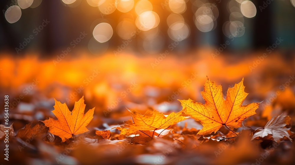 Poster fall foliage on the ground with bokeh effect