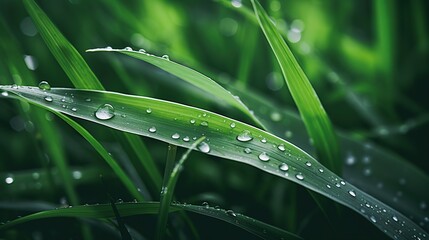 closeup view of grass with morning dew. background of grass and morning dew with a dark natural look.