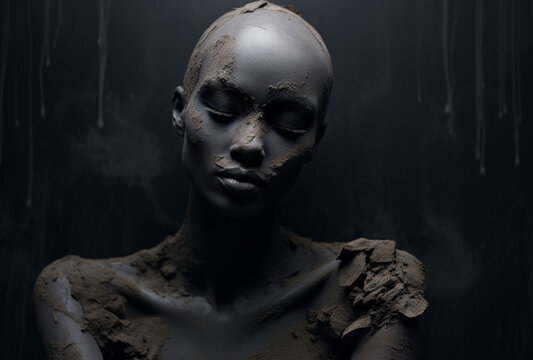 Woman Covered in Black Paint and Dust. Sadness broken depressed woman affected by contamination