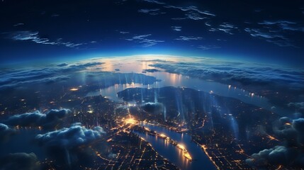 Obrazy na Plexi  Planet earth from space: a panoramic view of the glowing city lights and light clouds on the globe