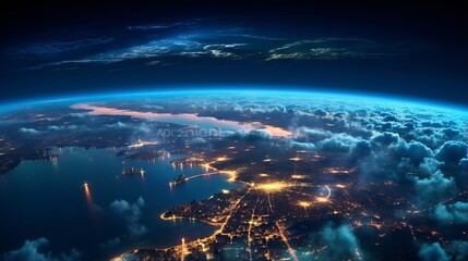 Planet earth from space: a panoramic view of the glowing city lights and light clouds on the globe