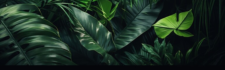 closeup view of tropical climate plants.tropical plant background with dark natural look. - obrazy, fototapety, plakaty