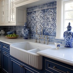 blue and white kitchen with a sink, blue tile and white cabinets, in the style of french countryside