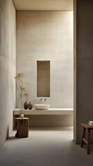 contemporary open mediterranean bathroom, in the style of minimalism, golden light, pink and beige, light gold, large window, danish design