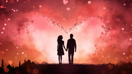 Poster Silhouettes of a man and a woman in love holding hands on a pink background with hearts © Katya