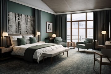 interior of a bedroom. Luxury hotel room scandinavian style. 