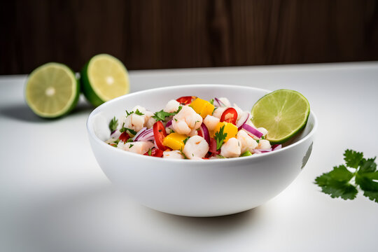 Seafood ceviche with lime and radish on a white background, Peruvian seafood and fish sebiche
