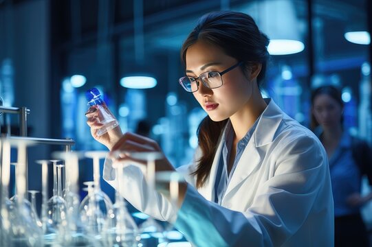 A Young Asian Female Scientist In A White Lab Coat, Wearing Safety Glasses, Testing A Substance