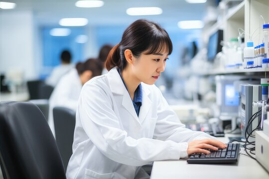 A young Asian woman scientist in a bright, modern lab, working on a new invention