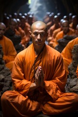 Obraz premium Shaolin disciples in deep meditation, capturing their inner focus and serenity, Generative AI