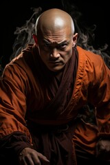 Shaolin martial artist practicing a precise defensive technique, highlighting their readiness for combat, Generative AI