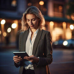 Fototapeta premium Portrait of young businesswoman using tablet in city at night.