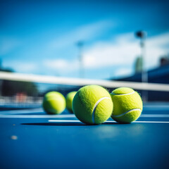 Tennis balls on the tennis court with copy space. Selective focus.