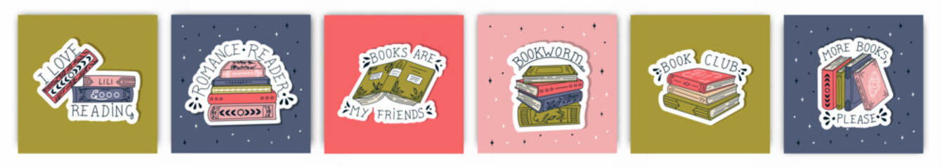 Set of book postcards. Stacks of books and open books to read in flat design style. World Book Day. Vector.