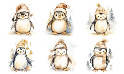 set of cute watercolor penguins with winter Christmas dresses with hats and scarfs vector illustration