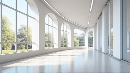 モダンなオフィスビルの白く清潔な廊下