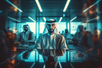Middle aged Arab business man wearing UAE traditional dress on a business meeting.