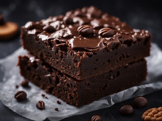 Delicious homemade brownie with ingredients on blurry background