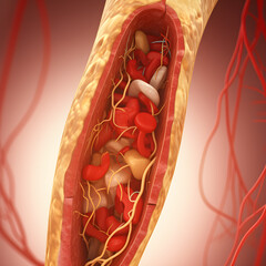 The accumulation of cholesterol in the blood vessels, Cholesterol formation, fat, artery, vein, heart. Red blood cells, blood flow