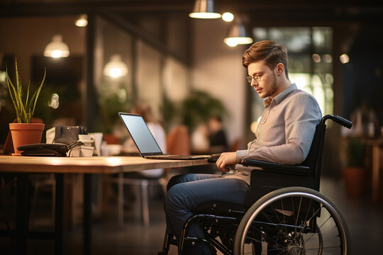 Side View Portrait Of Young Male Businessman In A Wheelchair Using Laptop While Working At Office.