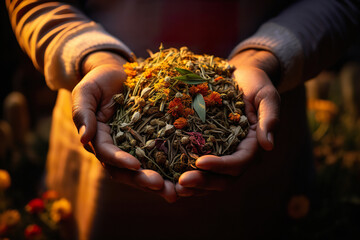 A variety of spices and spices in bulk in human hands