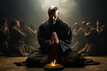 Kung Fu practitioners in a deep bow of respect to their master, symbolizing gratitude and humility, Generative AI - obrazy, fototapety, plakaty