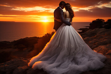 Fototapeta na wymiar Rear view of wedding couple posing on sunset at wedding day with seaside in the background. Bride and groom in love.