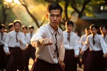 Kung Fu students engaged in partner drills, highlighting teamwork and cooperation, Generative AI