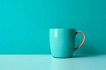 A minimalist vibrant coffee mug isolated on a gradient teal background 