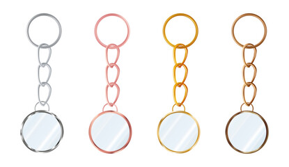A set of copper or bronze, gold or brass, silver or steel, pink gold keychains in the shape of a circle. Metal key holders isolated on white background. Realistic vector illustration.