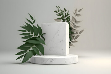 Abstract minimal scene with Stone podium display. stage pedestal or platform in white background with Green Leaves. for cosmetic product presentation, 3d rendering. Generative Ai. - obrazy, fototapety, plakaty