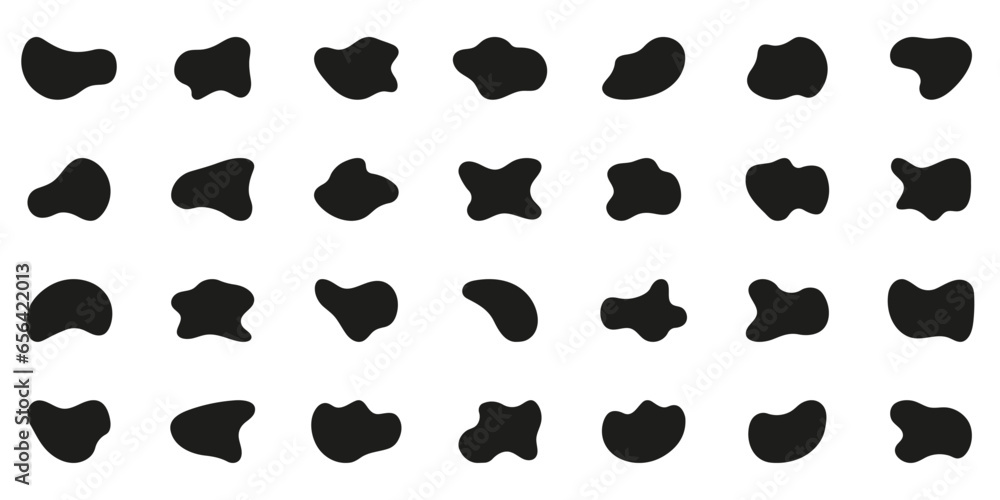 Poster irregular random organic blob set. asymmetric shape blotch. liquid round silhouette form. black bubb