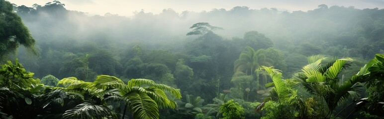  view of tropical forest with fog in the morning during the rainy season. isolated on a green garden  - obrazy, fototapety, plakaty