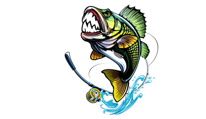 Fishing bass logo. Bass fish with rod club emblem. Fishing theme illustration. Fish Isolated on white.
