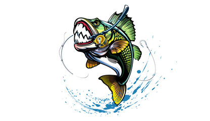 Fishing bass logo. Bass fish with rod club emblem. Fishing theme illustration. Fish Isolated on white.