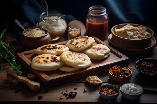 Traditional pupusa with vegetables and cheese on wooden background, food photography, product presentation, product display, banner background