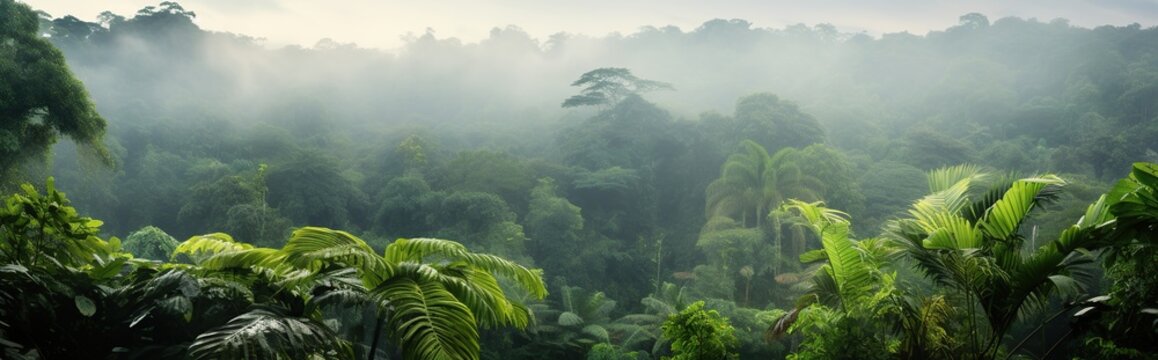 Fototapeta  view of tropical forest with fog in the morning during the rainy season. isolated on a green garden 