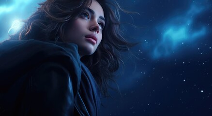 Beautiful woman looking at the night starry sky