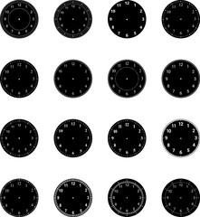Fototapeta premium Mechanical clock faces with arabic numerals, bezel. Blank measuring circle scale. Timer or stopwatch. Vector illustration.