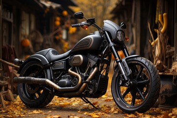 Motorcycle parked in front of a rustic barn, blending classic and rural aesthetics, Generative AI