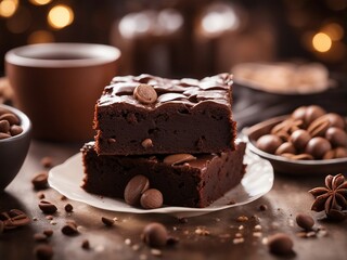 Delicious homemade brownie with ingredients and lights, blurry background