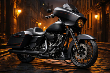 Obraz na płótnie Canvas Street Glide parked in an urban setting, blending classic design with the modern cityscape, Generative AI